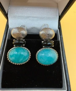 Unusual earrings. Sterling silver (925) with onyx and larimar