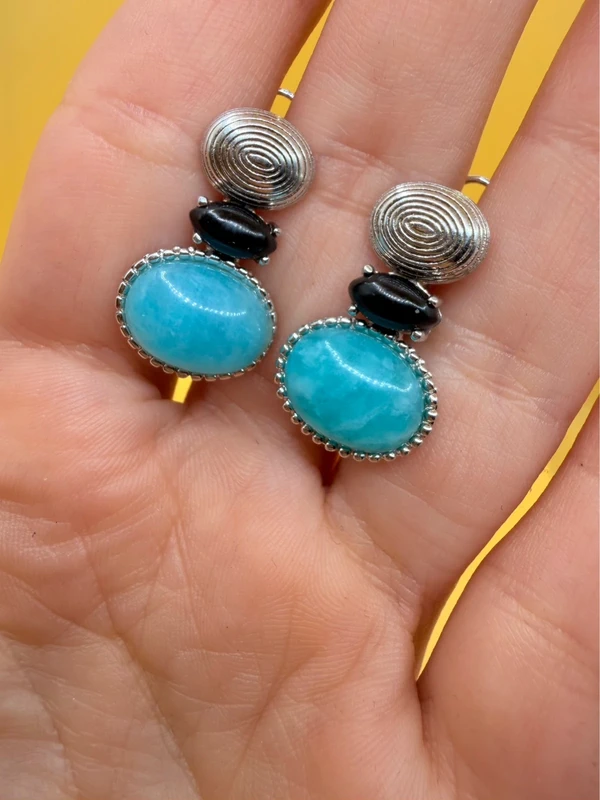 Unusual earrings. Sterling silver (925) with onyx and larimar.#152