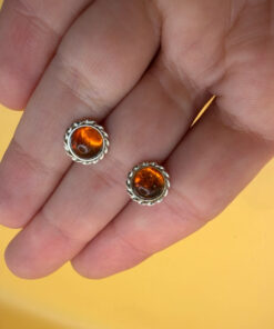Vintage Whitney Kelly Round Stud Earrings in Silver and Cognac Amber