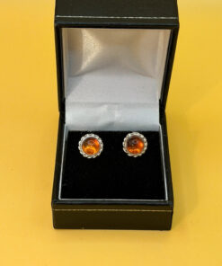 Vintage Whitney Kelly Round Stud Earrings in Silver and Cognac Amber