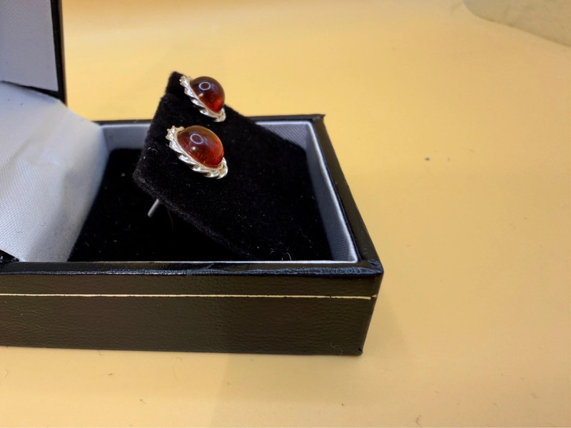 Vintage Whitney Kelly Round Stud Earrings in Silver and Cognac Amber