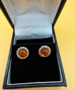 Vintage Whitney Kelly Round Stud Earrings in Silver and Cognac Amber
