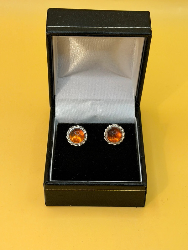 Vintage Whitney Kelly Round Stud Earrings in Silver and Cognac Amber