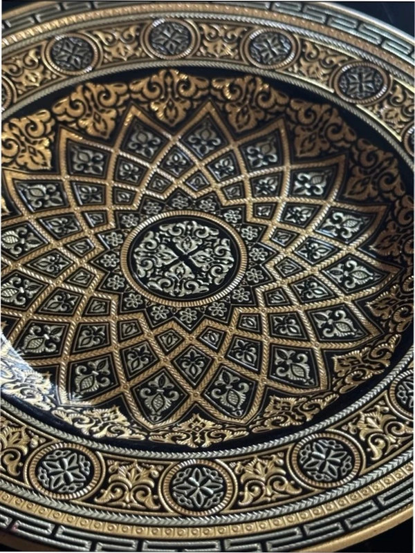 Damascene Black and Gold Footed Decorative Dish Plate - Toledo Spain 24K Gold