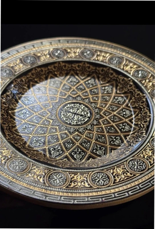 Damascene Black and Gold Footed Decorative Dish Plate - Toledo Spain 24K Gold