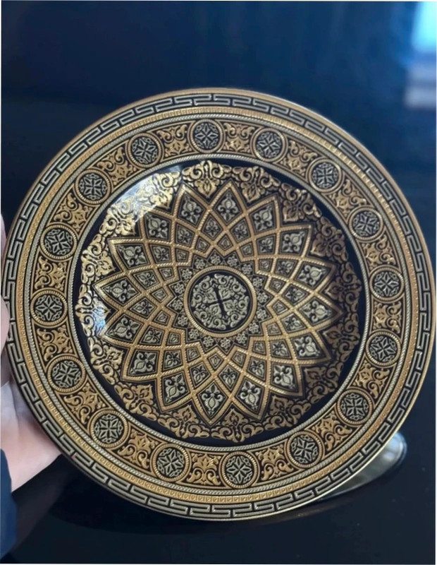 Damascene Black and Gold Footed Decorative Dish Plate - Toledo Spain 24K Gold