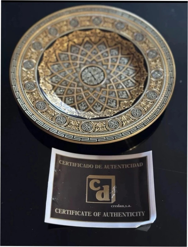 Damascene Black and Gold Footed Decorative Dish Plate - Toledo Spain 24K Gold
