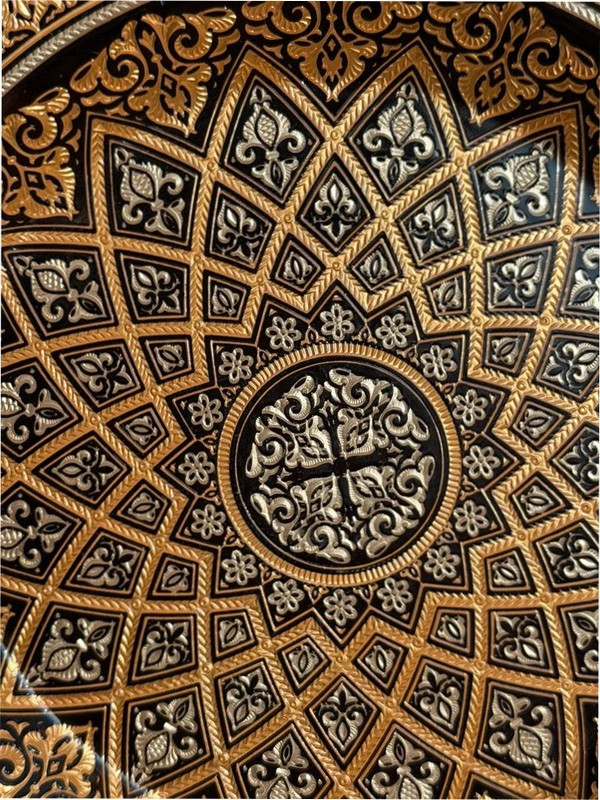 Damascene Black and Gold Footed Decorative Dish Plate - Toledo Spain 24K Gold