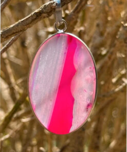 Pendant-Oval Striped Pink Agate gemstone -925 silver plated