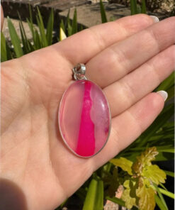 Pendant-Oval Striped Pink Agate gemstone -925 silver plated