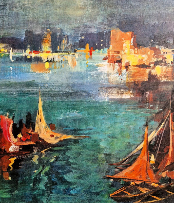 Aubrey R. Philips "Harbour Nocturne" Antique Painting Print (61 cm x 85cm)