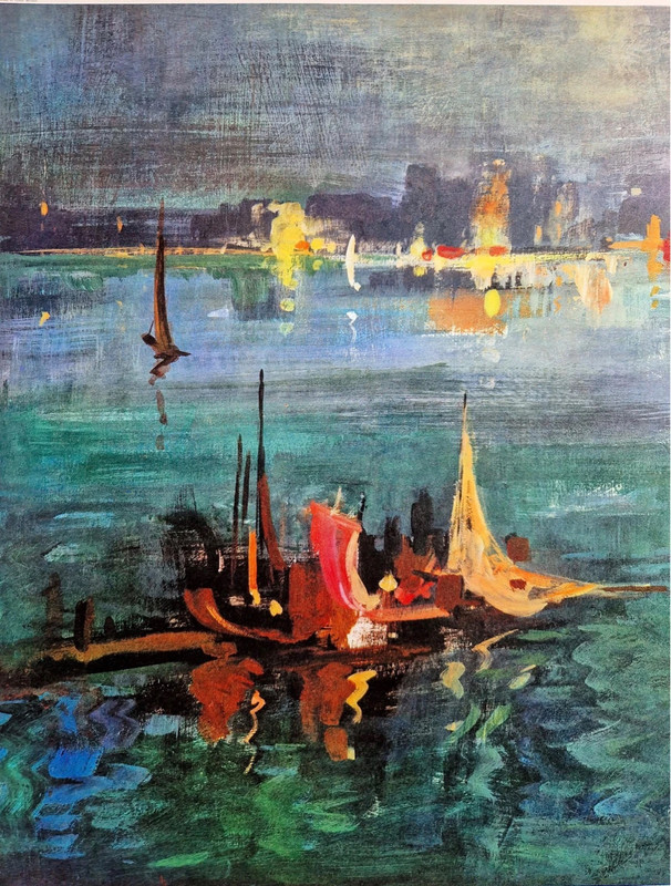 Aubrey R. Philips "Harbour Nocturne" Antique Painting Print (61 cm x 85cm)