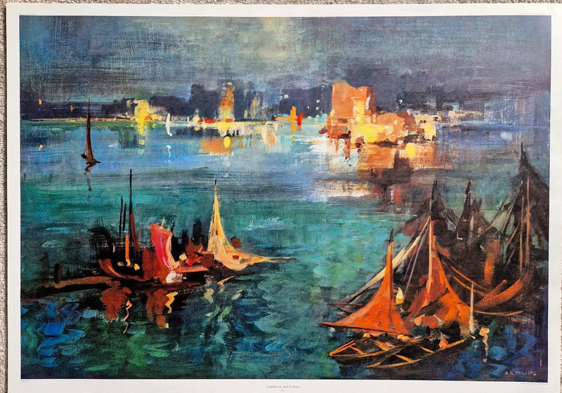 Aubrey R. Philips "Harbour Nocturne" Antique Painting Print (61 cm x 85cm)