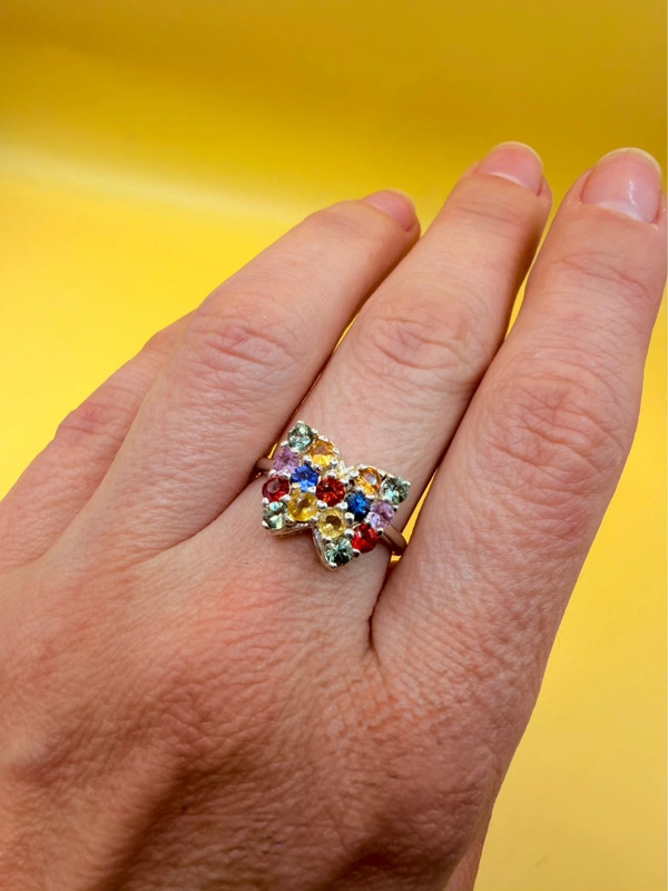 Ring with natural gemstones: sapphire, spinel, citrine, butterfly sterling silver 925, size O.~40