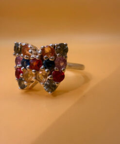 Ring with natural gemstones: sapphire, spinel, citrine, butterfly sterling silver 925, size O