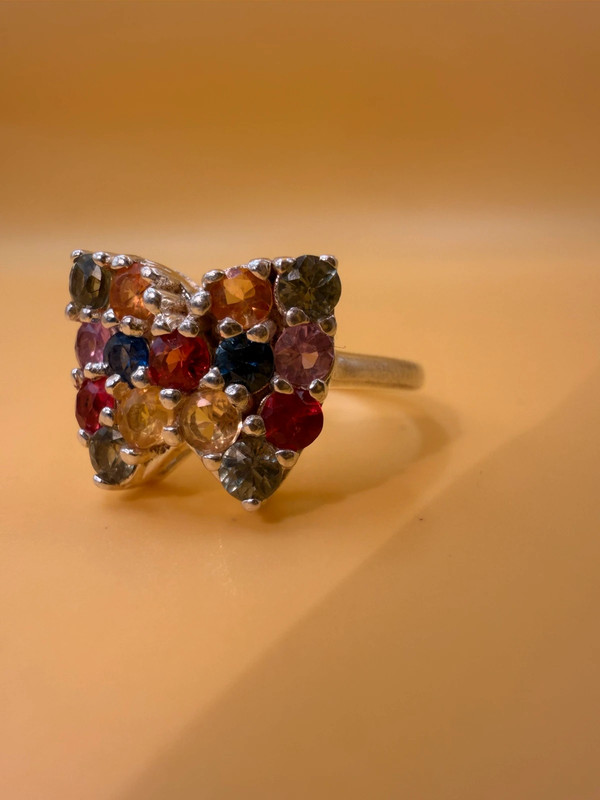 Ring with natural gemstones: sapphire, spinel, citrine, butterfly sterling silver 925, size O.~40
