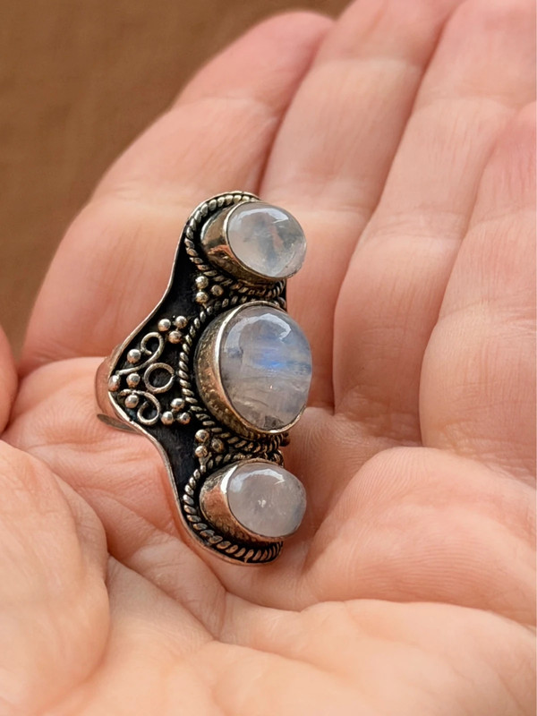 Vintage Sterling Silver 925 tested Three Moonstones Oval Finger Ring Size L
