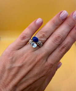 Stunning 925 sterling silver adjustable ring with natural topaz and lapis lazuli, UK size N.