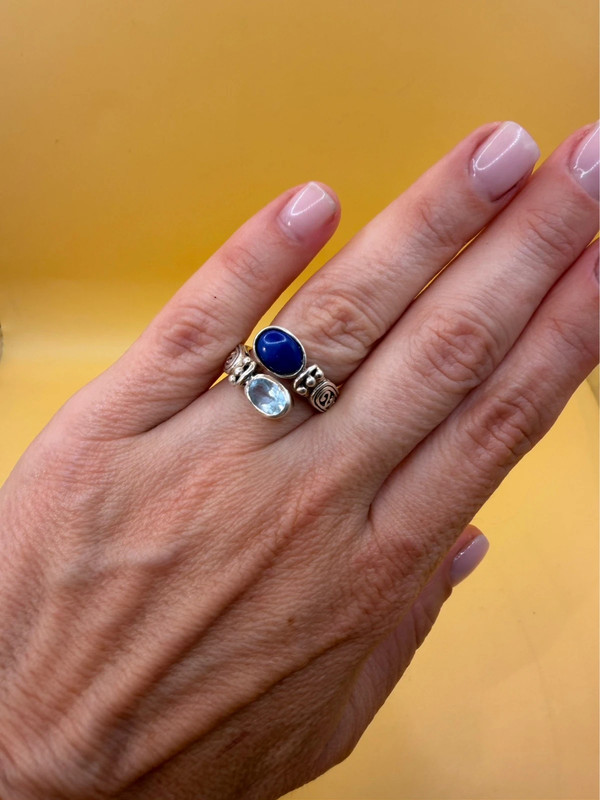 Stunning 925 sterling silver adjustable ring with natural topaz and lapis lazuli, UK size N.