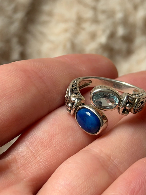 Stunning 925 sterling silver adjustable ring with natural topaz and lapis lazuli, UK size N.