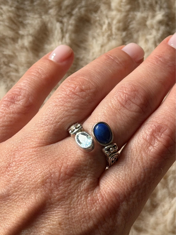 Stunning 925 sterling silver adjustable ring with natural topaz and lapis lazuli, UK size N.