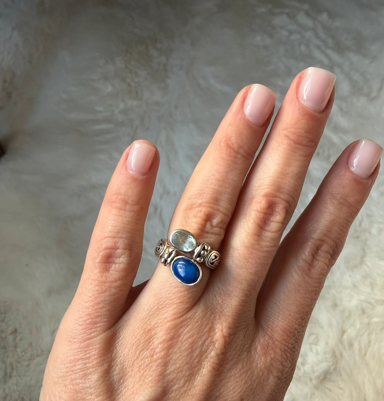 Stunning 925 sterling silver adjustable ring with natural topaz and lapis lazuli, UK size N.