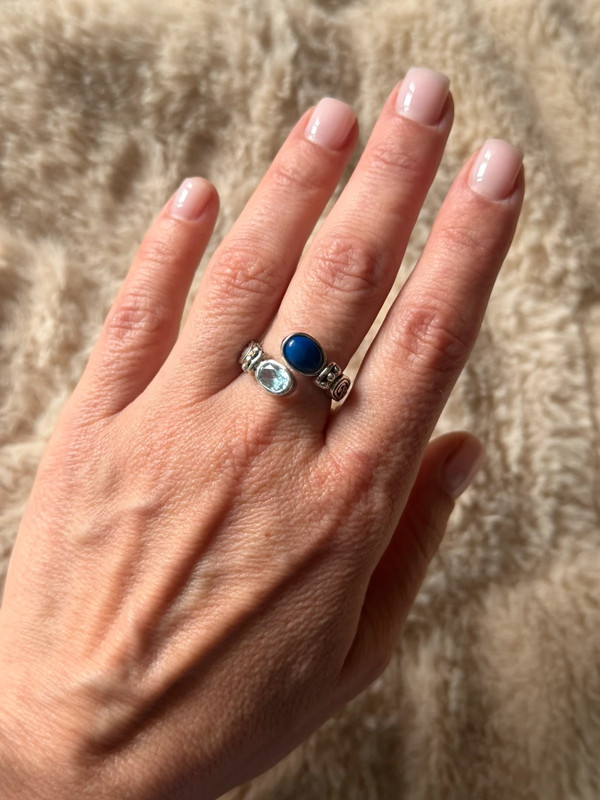 Stunning 925 sterling silver adjustable ring with natural topaz and lapis lazuli, UK size N.