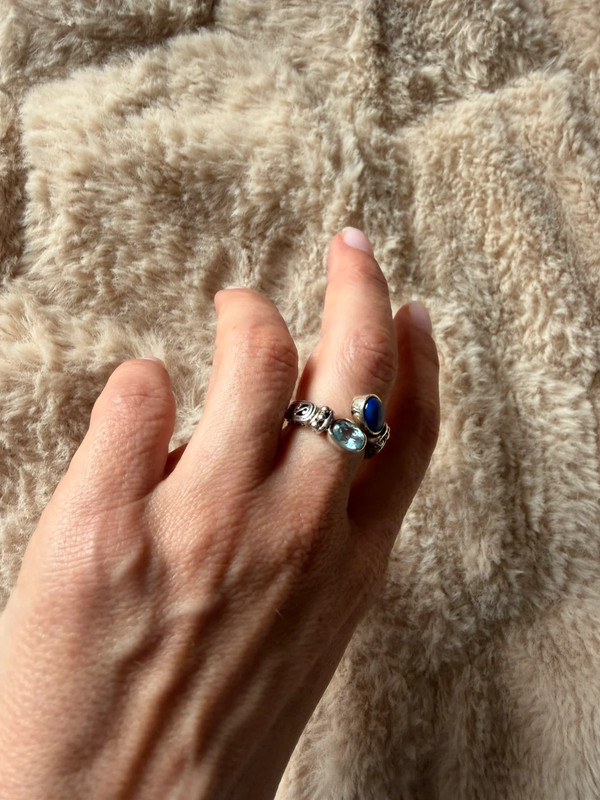 Stunning 925 sterling silver adjustable ring with natural topaz and lapis lazuli, UK size N.
