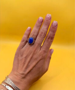 Vintage unisex sterling silver ring polished oval blue Aqeeq agate Uk size L
