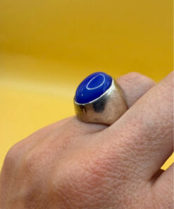 Vintage unisex sterling silver ring polished oval blue Aqeeq agate Uk size L