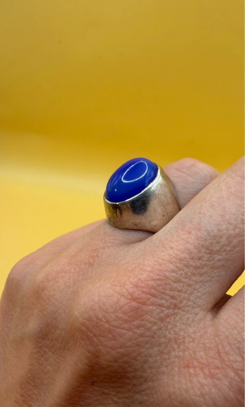 Vintage unisex sterling silver ring polished oval blue Aqeeq agate Uk size L