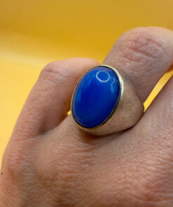 Vintage unisex sterling silver ring polished oval blue Aqeeq agate Uk size L