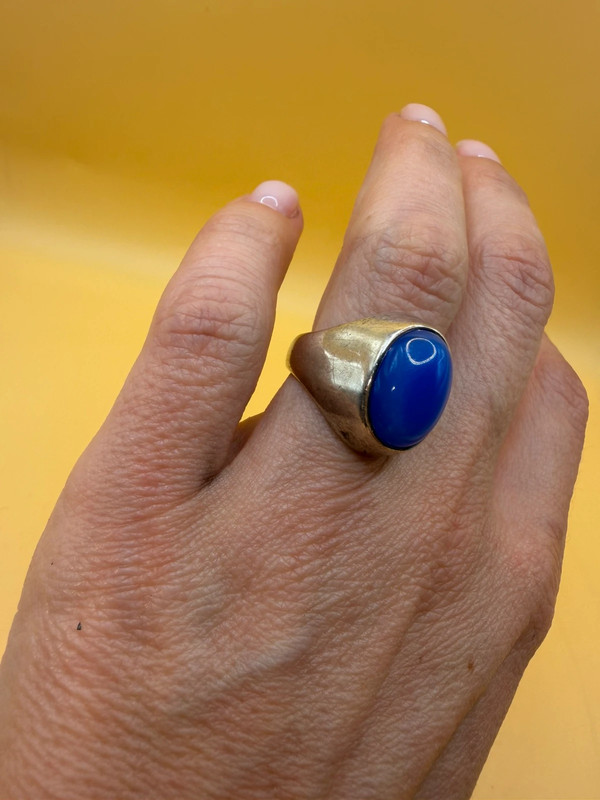 Vintage unisex sterling silver ring polished oval blue Aqeeq agate Uk size L