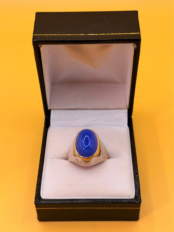 Vintage unisex sterling silver ring polished oval blue Aqeeq agate Uk size L