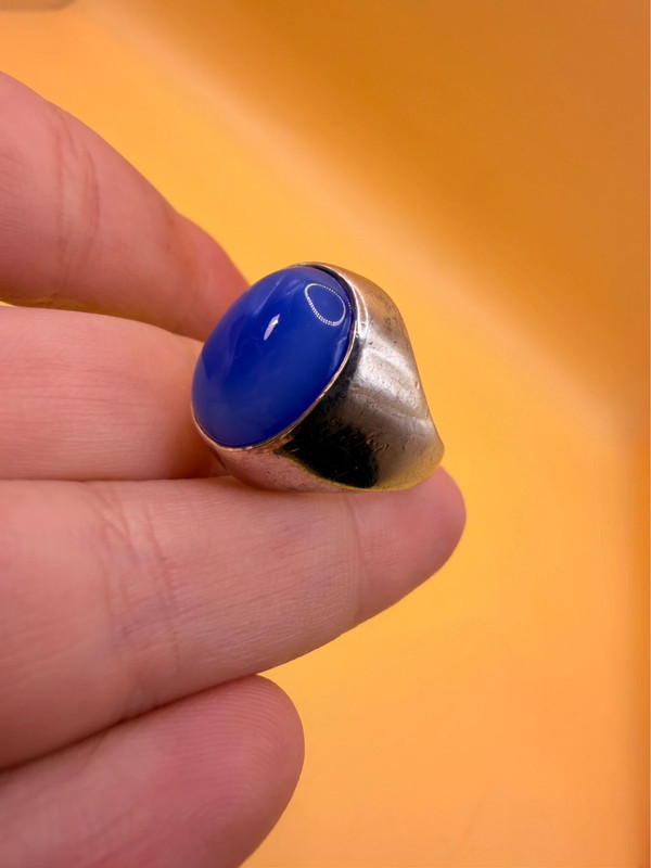 Vintage unisex sterling silver ring polished oval blue Aqeeq agate Uk size L
