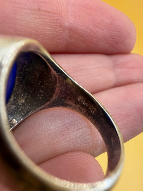 Vintage unisex sterling silver ring polished oval blue Aqeeq agate Uk size L