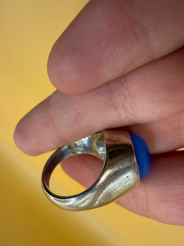 Vintage unisex sterling silver ring polished oval blue Aqeeq agate Uk size L