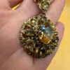 Vintage 40's Art Nouveau Gold Wash Brass Oak Leaf Amber Glass Necklace