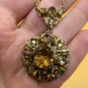 Vintage 40's Art Nouveau Gold Wash Brass Oak Leaf Amber Glass Necklace