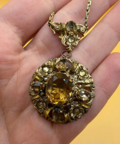 Vintage 40's Art Nouveau Gold Wash Brass Oak Leaf Amber Glass Necklace
