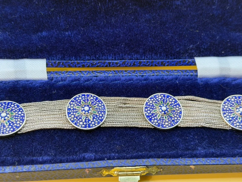 Vintage Turkish Sterling Silver Blue Enamel Medallion and Multi Chain Bracelet.