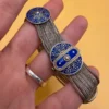 Vintage Turkish Sterling Silver Blue Enamel Medallion and Multi Chain Bracelet.