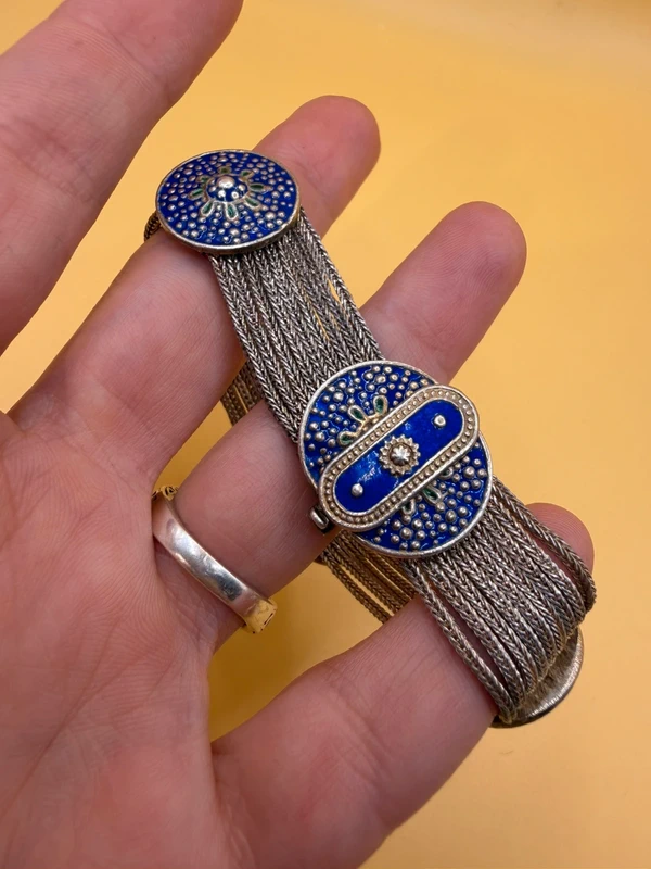 Vintage Turkish Sterling Silver Blue Enamel Medallion and Multi Chain Bracelet.