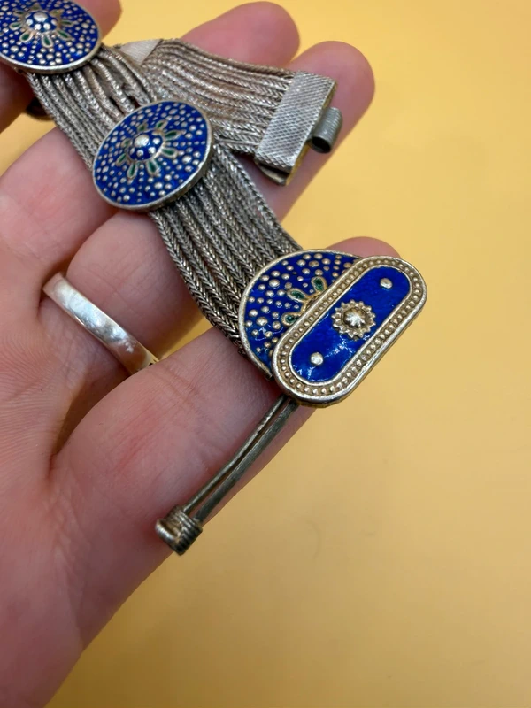 Vintage Turkish Sterling Silver Blue Enamel Medallion and Multi Chain Bracelet.