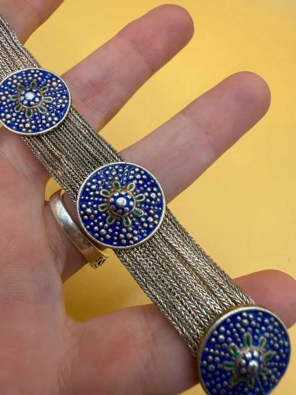 Vintage Turkish Sterling Silver Blue Enamel Medallion and Multi Chain Bracelet.