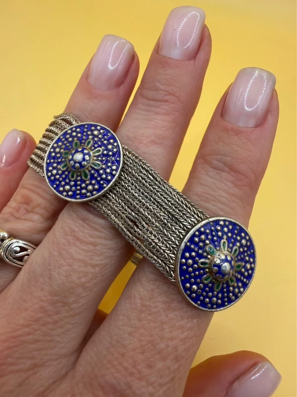 Vintage Turkish Sterling Silver Blue Enamel Medallion and Multi Chain Bracelet.
