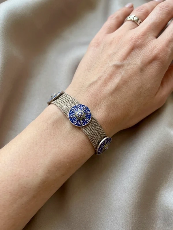 Vintage Turkish Sterling Silver Blue Enamel Medallion and Multi Chain Bracelet.