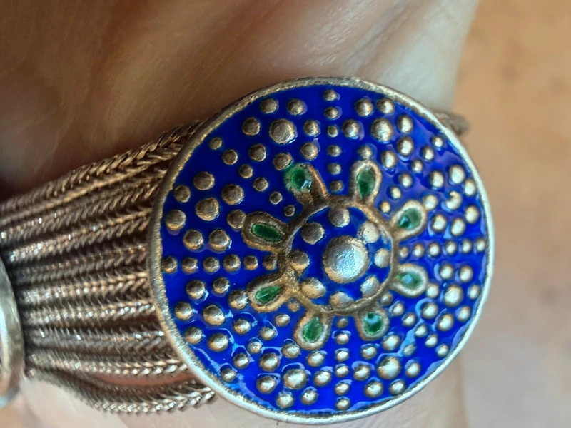 Vintage Turkish Sterling Silver Blue Enamel Medallion and Multi Chain Bracelet.