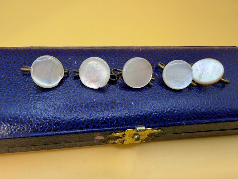 Antique Edwardian Mother of Pearl Shirt Buttons Dress Studs Set of 6 Cased c.1900
