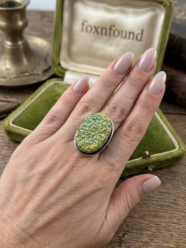 Green Titanium Druzy 925 Silver Ring Uk T